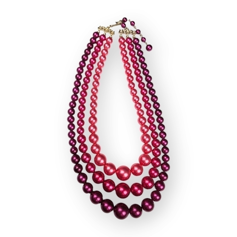 Vintage Multi Strand Beaded Necklace Graduated Pink Purple Mid Century 14.5"